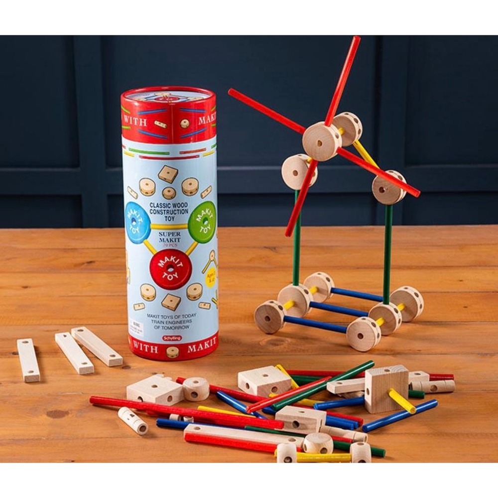 Schylling Super Makit Toy 70 Piece Classic Wood Construction Set Building Blocks